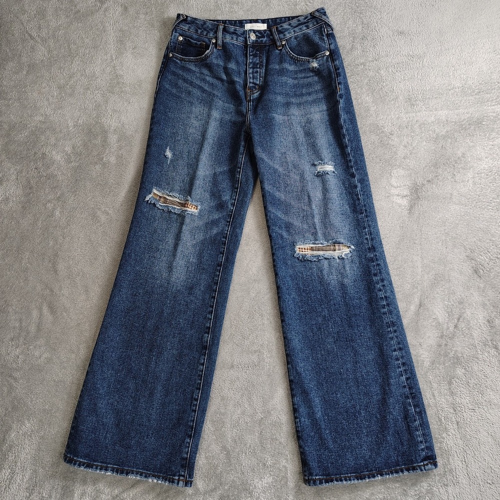 Cleo+Wolf High Rise Wide Leg Rip‎ Repair Jeans Womens 29x31 Blue Denim Festival